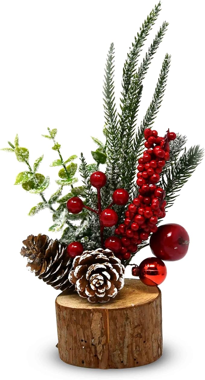 GIft Boutique Christmas Mini Tabletop Tree with Small Artificial Decorative Pine Cone Berries Ornaments Wood Base Home Room Indoor Outdoor Party Decor