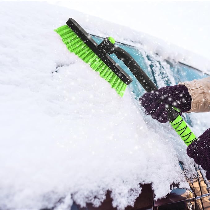 Yougfin Snow Brush with Ice Scraper 33 inch, 2 in 1 Extendable Snow Removal for Cars with Foam Grip and 360° Pivoting Brush Head, Heavy Duty Snow Cleaner for Auto Truck SUV