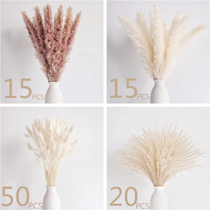 Natural Dried Pampas Grass Decor, 100 PCS Pampas Grass Contains White Bunny Tails Dried Flowers, Reed Grass Bouquet for Wedding Boho Flowers Home Table Decor, Rustic Farmhouse Party (17”)