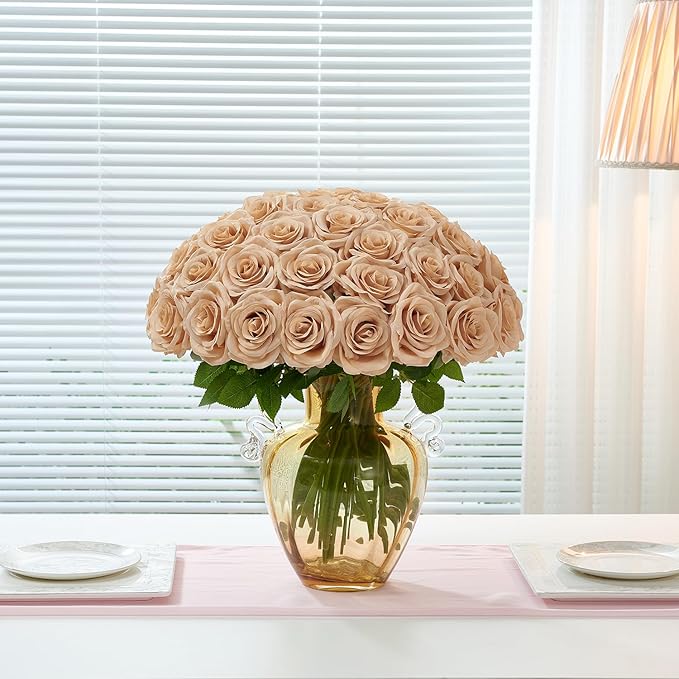 50pcs Beige Roses Artificial Flowers Bulk Fake Roses Silk Flower with Stems Realistic Flowers for Wedding Centerpiece Party Birthday Decor