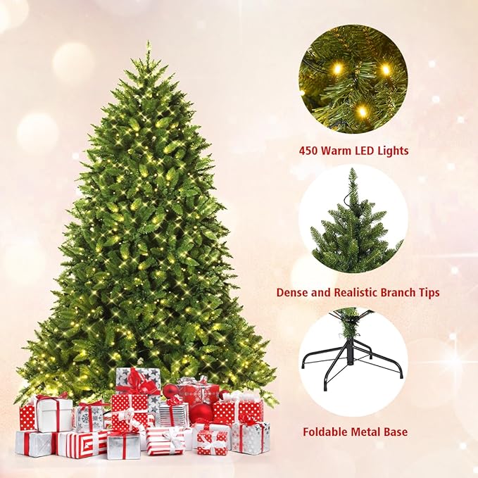 Goplus 5ft Pre-Lit Christmas Tree, Premium Hinged Artificial Fir Tree with 450 LED Lights, 600 Branch Tips and Metal Stand, Easy Assemble, Xmas Decor for Home Office