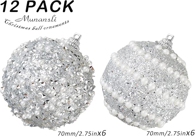 Silver Christmas Ball Ornaments,12ct Christmas Tree Shatterproof Plastic Hanging Sequin Xmas Balls for Festivals Holiday Party Decorations(70mm/2.76")