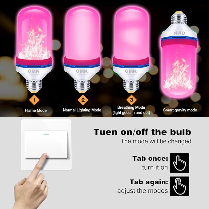 OMK Upgraded Pink LED Flame Light Bulb - Flickering E26 Base With Gravity Sensing for Indoor Outdoor Use, Holiday Christmas Vintage Flame Decorations