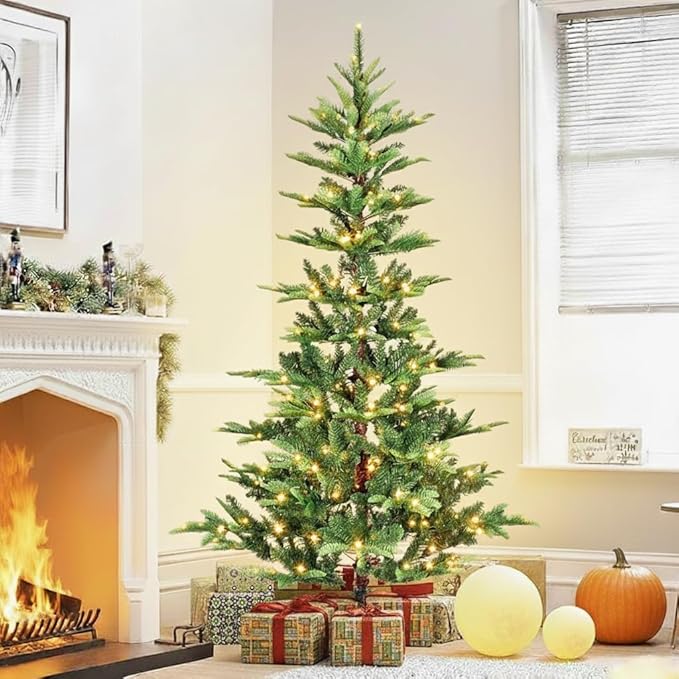 7FT Prelit Artificial Christmas Tree, Premium Douglas Fir Christmas Tree with 400 Warm White Lights & 960 Branch Tips, PE & PVC Pre Lit Hinged Xmas Trees with Metal Base for Party, Holiday Decoration