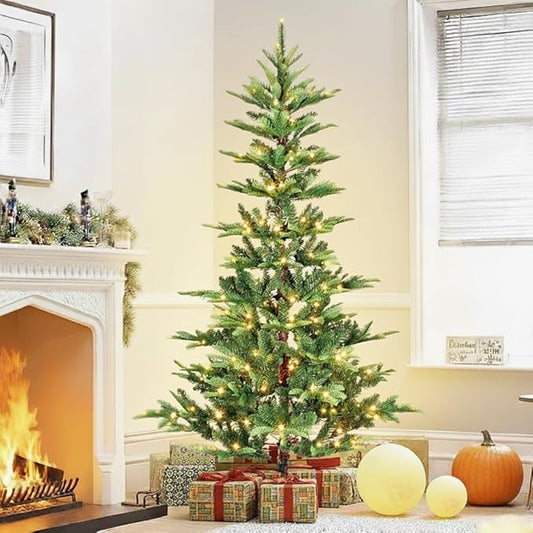 7FT Prelit Artificial Christmas Tree, Premium Douglas Fir Christmas Tree with 400 Warm White Lights & 960 Branch Tips, PE & PVC Pre Lit Hinged Xmas Trees with Metal Base for Party, Holiday Decoration