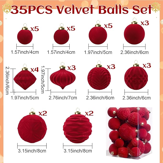 Velvet Ball Ornaments Christmas Balls Burgundy Red 35 PCS Xmas Tree Flocked Ball Ornaments Assortment for Party Garland Wreath Decor Baby Shower First Christmas Decorations