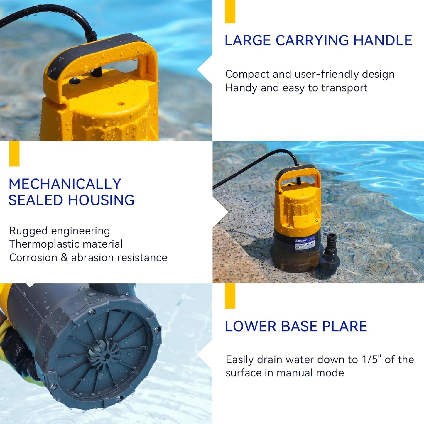 Acquaer 1/2HP Sump Pump, 2906GPH Submersible Water Pump for Water Removal in Hot Tubs, Pools, Basements, and Garden Ponds