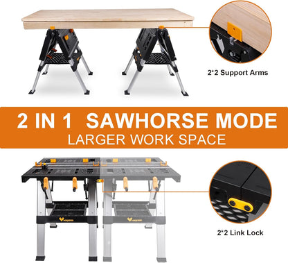 Portable Workbench & Sawhorse, 440Lbs/1000Lbs Capacity Heavy Duty Folding Work Table, 21.5"-32.5" Adjustable Height with Clamping System, 2 x 4 Support Arms, Tool Tray for Garage