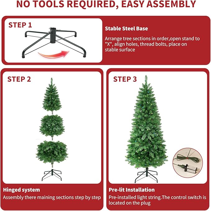 6FT Christmas Tree LED Bulbs Pre-Lit, Premium Artificial Christmas Tree with Lights, Decorated Xmas Tree with Tripod Stands for Indoor Home Office Party Holiday Decoration, ETL Listed