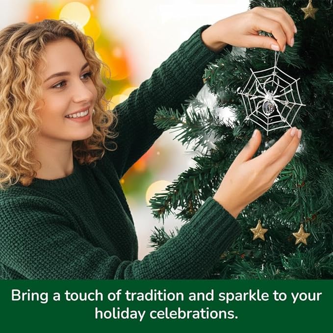 Matashi Silver Plated Christmas Tree Spider Ornament w Clear Crystals Lucky Hanging Decoration, Holiday Ornament Gift, Unique Spider Decor for Christmas & Halloween Party w Tinsel Legend Story