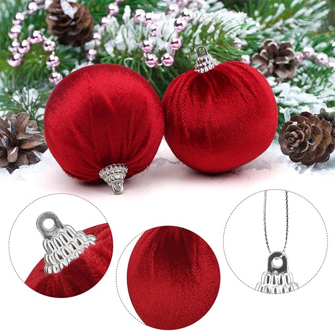 Woration 15pcs Christmas Tree Velvet Ball Hanging Red Ornaments DIY Decorations 2.36 inches Flocked Balls Shatterproof for Tree Xmas Holiday Party