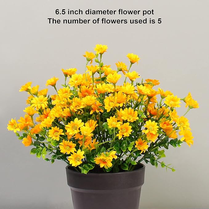 Yellow Artificial Outdoor Flowers Fake Mums 8 Bundles Flower Realistic Wild Flower Cemetery Daisy Stems Faux Plants for Outdoors Planter Front Porch Patio Decor