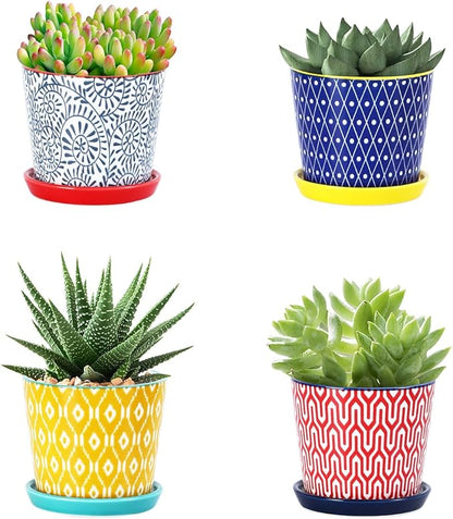 Selamica Ceramic Succulent Pots, 3.4 Inch Small Pots for Plants with Drainage Holes and Saucers, Succulent Planters for Indoor Plants, Cactus, Home Decor, Set of 4, Assorted Colors