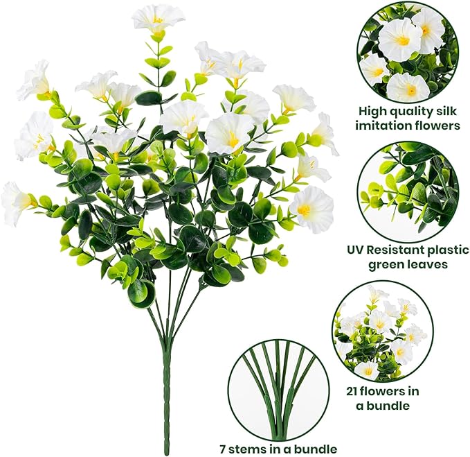 Artificial Faux Flowers for Outdoor 16 Bundles Boxwood Fake Morning Glory for Planter,UV Resistant Fake Flowers for Home Porch Patio Outside（White）