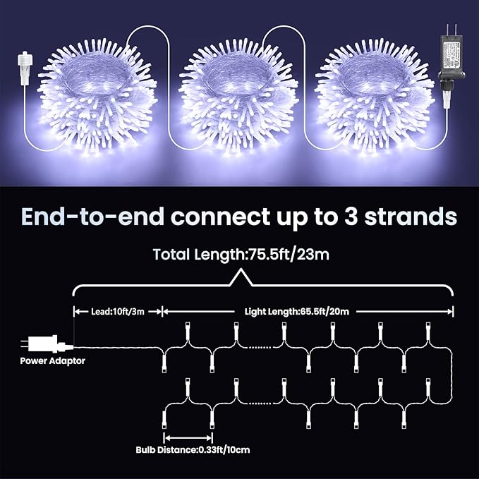 Jnaurb Led String Lights, 75 Feet 200 Led Fairy Twinkle Lights, Plug in String Light 8 Modes Waterproof for Home, Party, Xmas Tree Decorations(White) (JT-ELFC300V0200-C)
