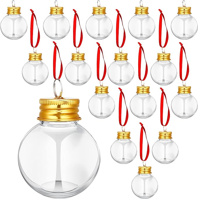 Patelai 18 Pcs Christmas Drink Balls Clear Shot Glass Ornaments Xmas Tree Fillable Ornaments Plastic Xmas Water Bottle Bulbs for Holiday Party Decorations (Round,50 ml)