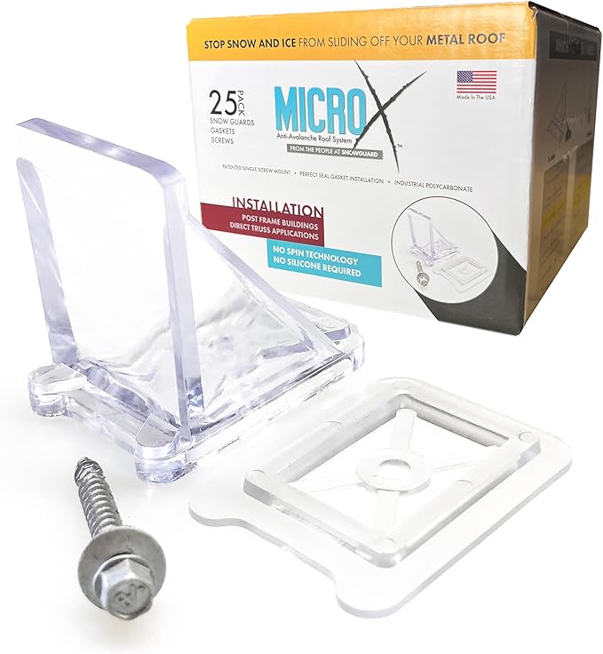 25 Pack Micro X Snow Guards for Metal Roofs – Single Screw Mount with Gasket – Heavy-Duty Polycarbonate Snow & Ice Stops for Pole Barns – Prevents Sliding Snow | Made in USA