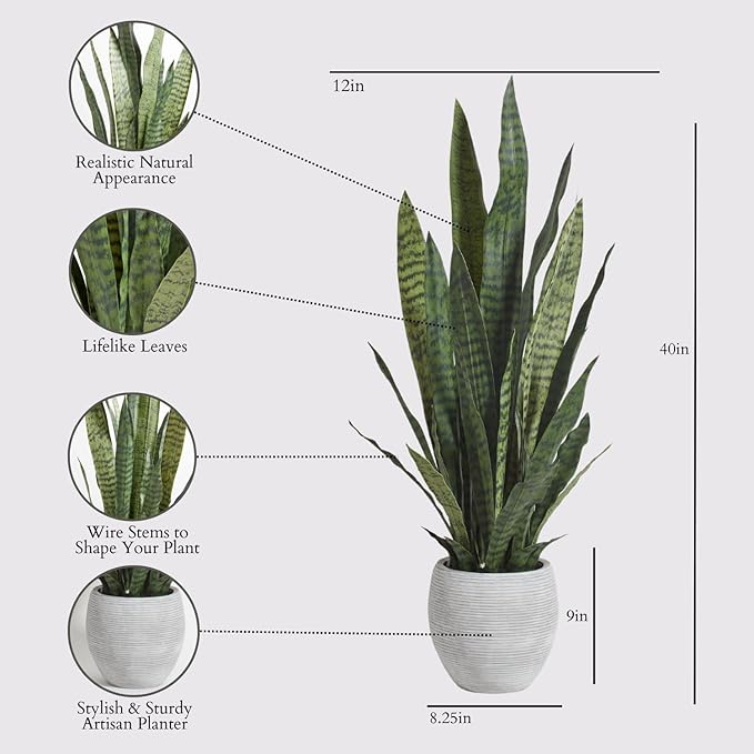 CG Hunter Faux Snake Plant, Premium Artificial Indoor Plant Stands 40” Tall and Enhances Interior Design, Lifelike-Leaves Create Realistic Natural Appearance, Grey Planter Pot Included