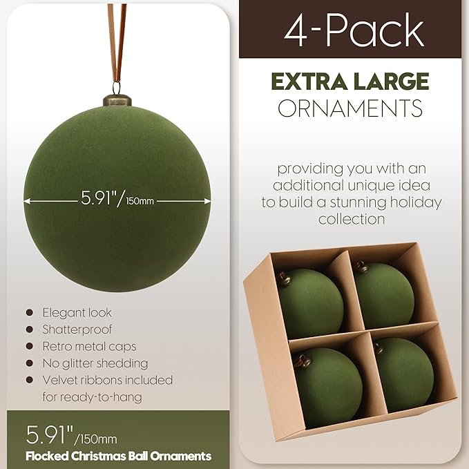 Sea Team 4-Pack Large Flocked Velvet Christmas Tree Ball Ornaments Set, Hanging Velour Baubles, Shatterproof Plastic Decorations for Xmas Tree, Wreath, Garland, 150mm/5.91 Inches, Olive Green