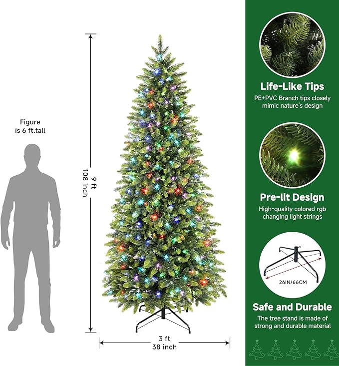 Alupssuc 9ft Prelit Artificial Hinged Christmas Tree with Remote Control, 480 Pre-Lit Multi-Color RGB Lights and 2437 PE & PVC Branch Tips, Perfect Choice for Xmas Decoration, 9 FT