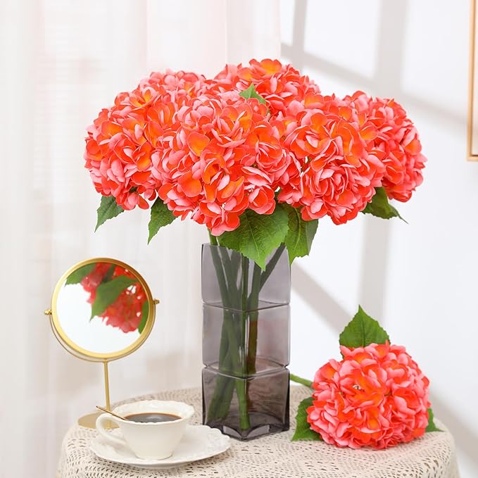 Nubry 22.44In Orange Hydrangea Artificial Flowers,4Pcs Latex Faux Real Touch Large Hydrangea Flowers with Long Stems & Leaves for Home Office Decor Wedding Party Arrangements(Orange)
