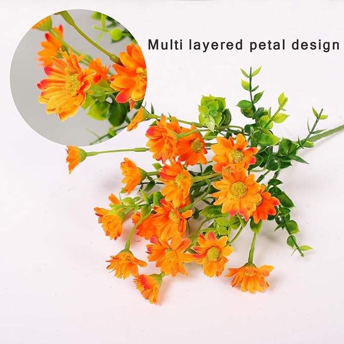 Fake Mums - Fall Marigold Flowers 8 Bundles Artificial Orange Daisy Flower Outside Plants for Home, Diwali Decor, Day of The Dead Decorations (Orange)