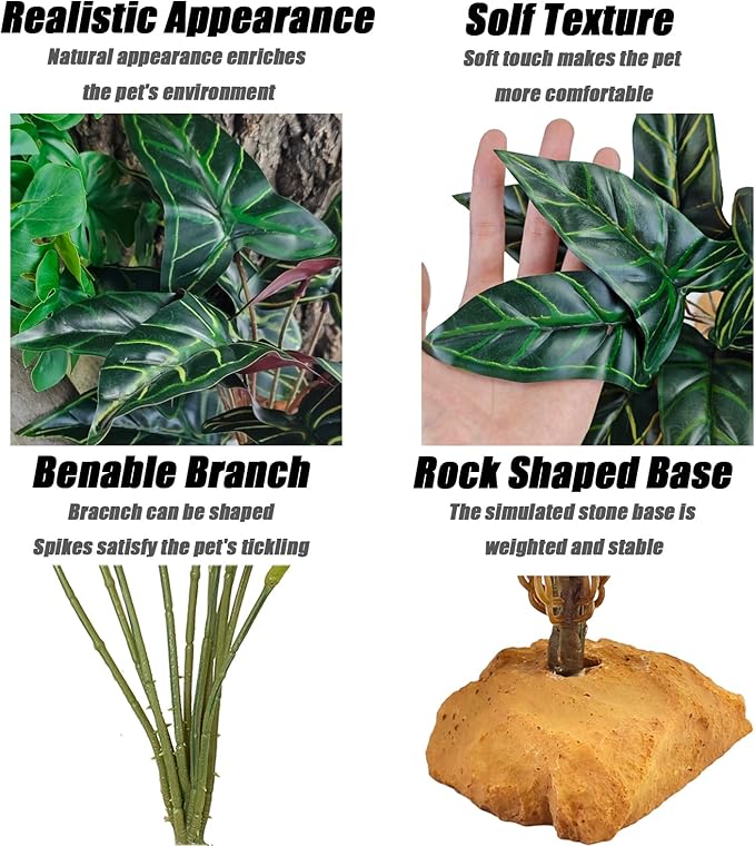 Woyrise Reptile Artificial Plants for Terrarium Decor, Amphibian Habitat Decorations Bearded Dragon Tank Accessories fit Crested Gecko Leopard Lizard Chameleon Ball Python Snake Frog - Fake Alocasia