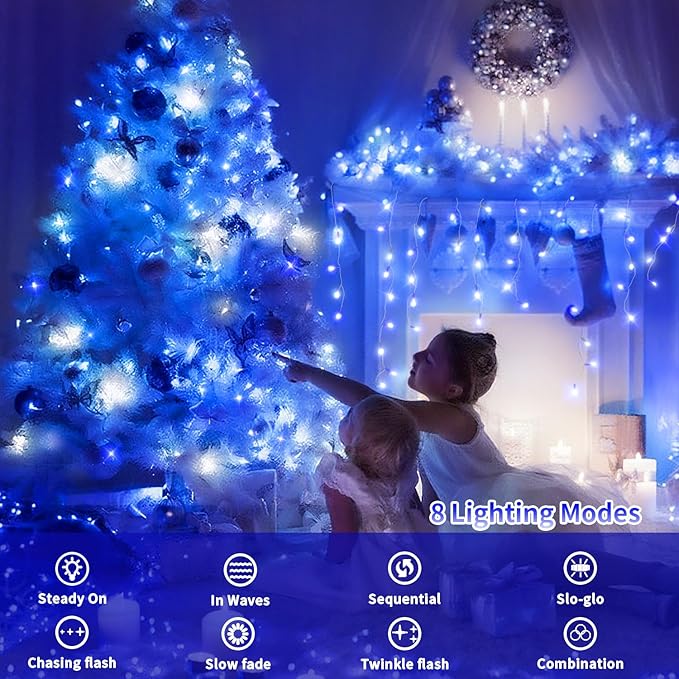 200 FT 500 LED Christmas Lights Outdoor Fairy Lights Plug In Extra Long String Lights Clear Wire Waterproof 8 Modes Timer for Outside House Tree Garden Yard Wedding Party Decorations-Blue & White