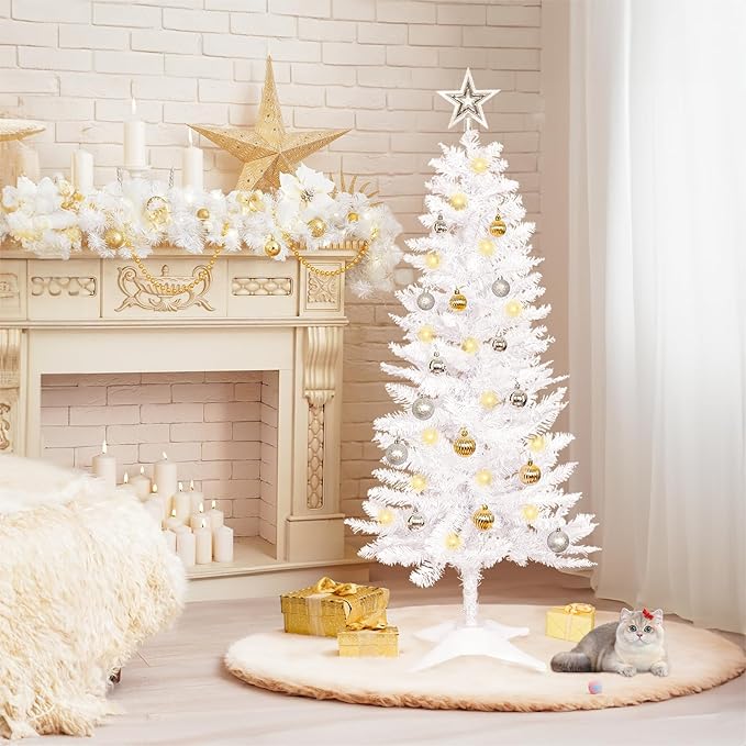 Sunshine White Christmas Tree with Light 4ft Artifical Full Christmas Tree with Ball & Star Ornaments 8 Lighting Modes for Holiday Decor