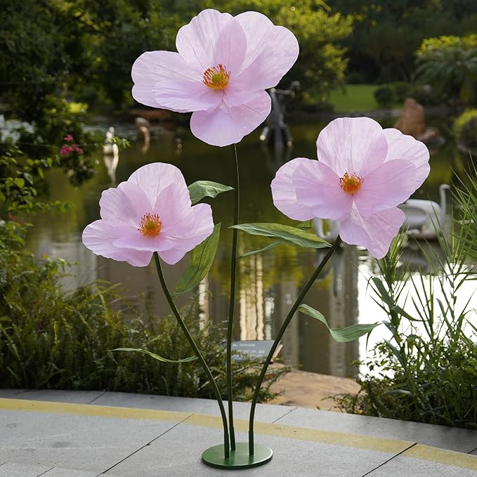 Large Paper Artificial Flowers,Giant Flowers for Decoration,Huge Handcrafted Poppy Fake Flowers with Stand for Home Decor Bridal Shower Party Outdoors Yard Event Backdrop Decor (Pink)