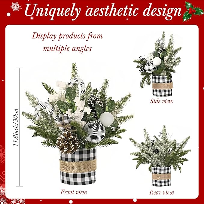 Small Christmas Tree for Tabletop, Artificial Mini Christmas Tree Decorations with White Berry Pine Cone Pine Picks, Xmas Ornaments Indoor Home Holiday Decor (Black)