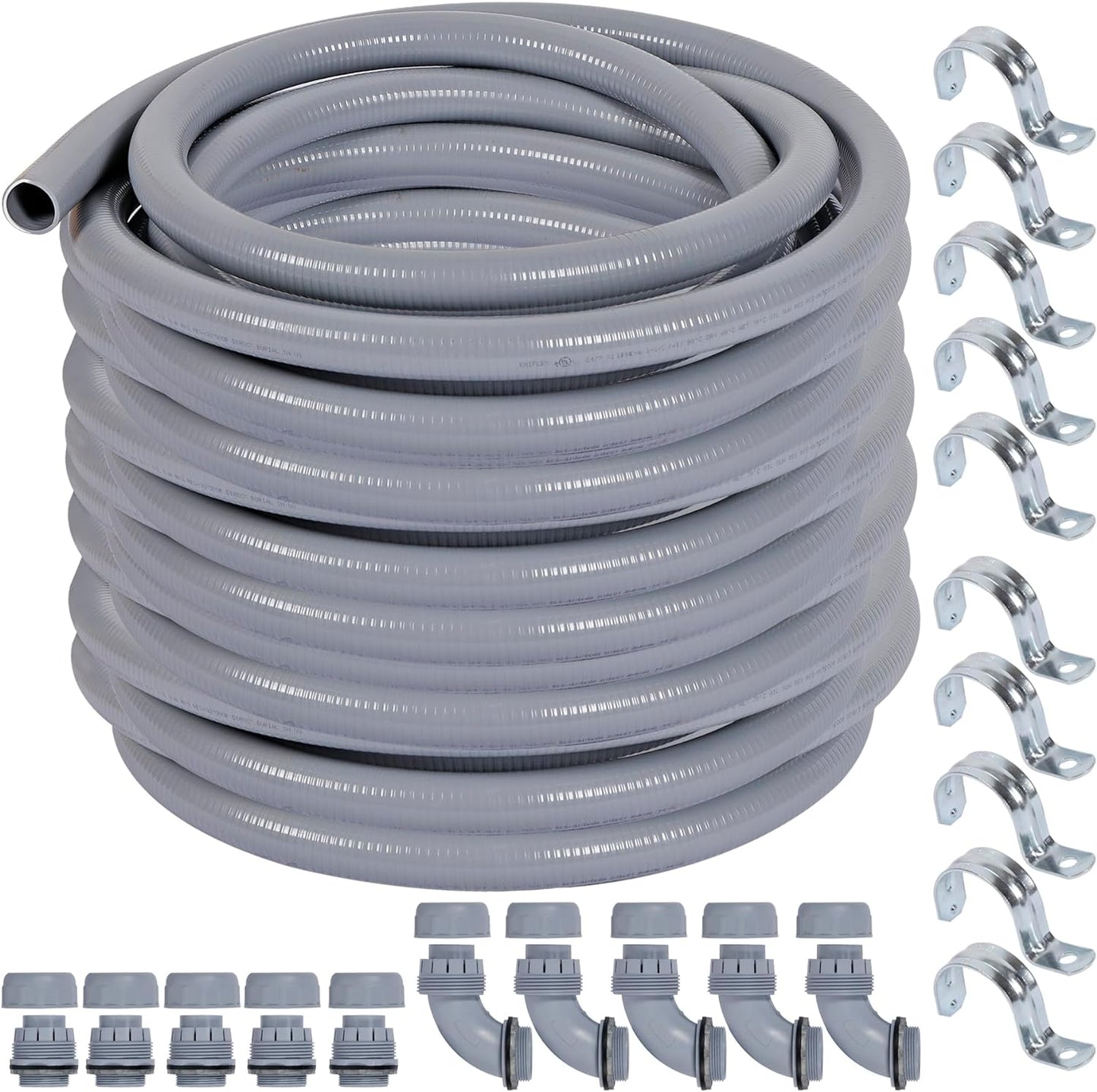 Liquid-Tight Conduit and Connector Kit 1/2inch 150ft, Flexible Non Metallic Liquid Tight Electrical Conduit w/UL Certification, Electrical Conduit Kit with 5 Straight, 5 Angle Fittings