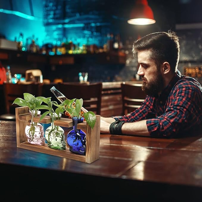 Plant Terrarium Propagation Stations Hydroponics Halloween Skull Planter Vase Skulls Decor with Wooden Stand Gift for Father
