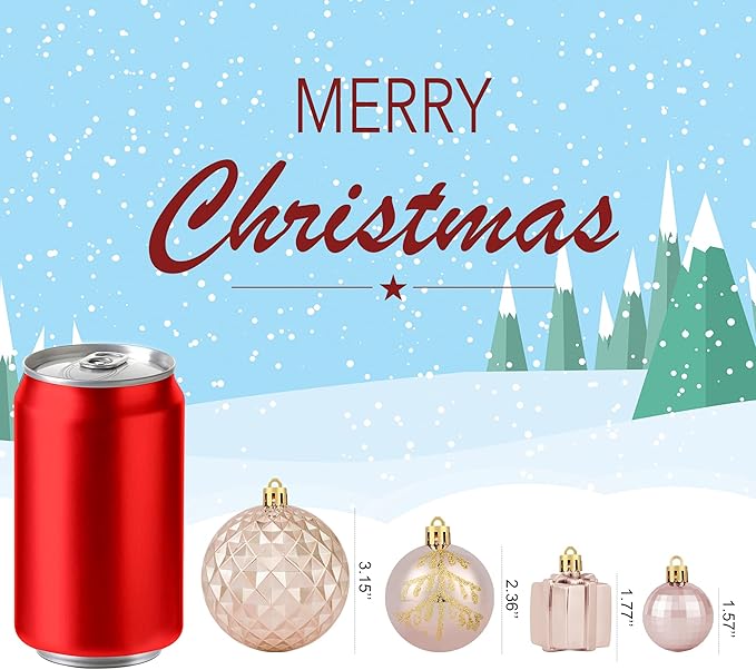 Rose Gold Christmas Ball Ornaments - 116Pc Shatterproof Hanging Decoration Set with Gift Box, Assorted Baubles for Xmas Tree/Home/Wedding/Party/Holiday