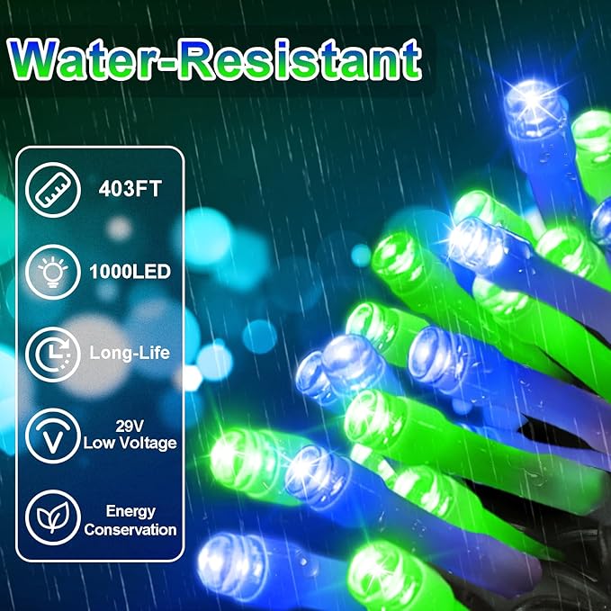 403 FT 1000 LED Christmas Lights Outdoor Fairy Lights Plug In Extra Long String Lights Clear Wire Waterproof 8 Modes Timer for Outside House Tree Garden Yard Wedding Party Decorations-Blue and Green