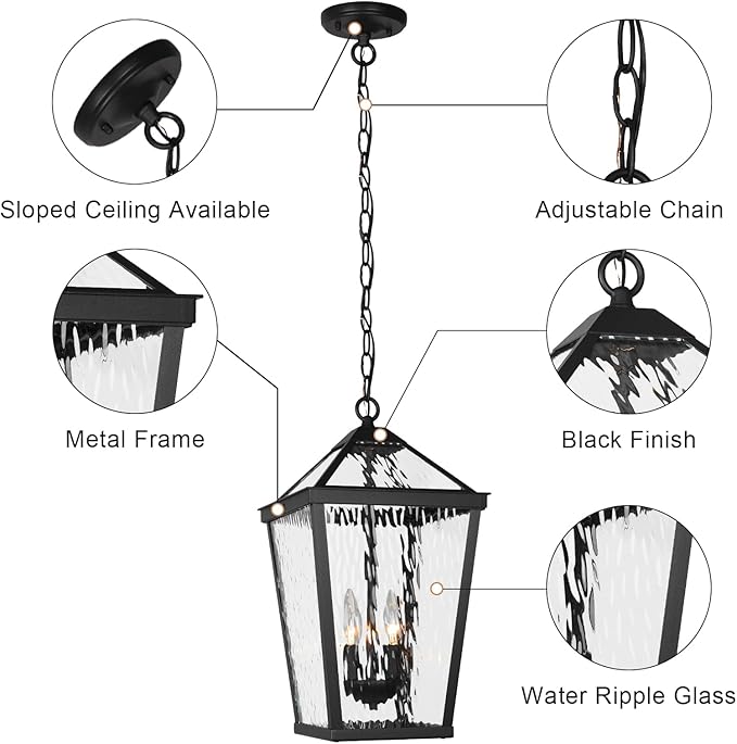 Treekee Outdoor Pendant Light, Modern Black Hanging Lantern Light for Front Porch, Adjustable Exterior Chandelier Fixture with E12 Sockets & Water Ripple Glass for Patio, Entryway, Garage, Gazebo