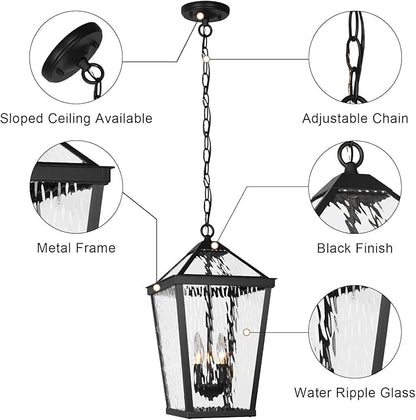 Treekee Outdoor Pendant Light, Modern Black Hanging Lantern Light for Front Porch, Adjustable Exterior Chandelier Fixture with E12 Sockets & Water Ripple Glass for Patio, Entryway, Garage, Gazebo