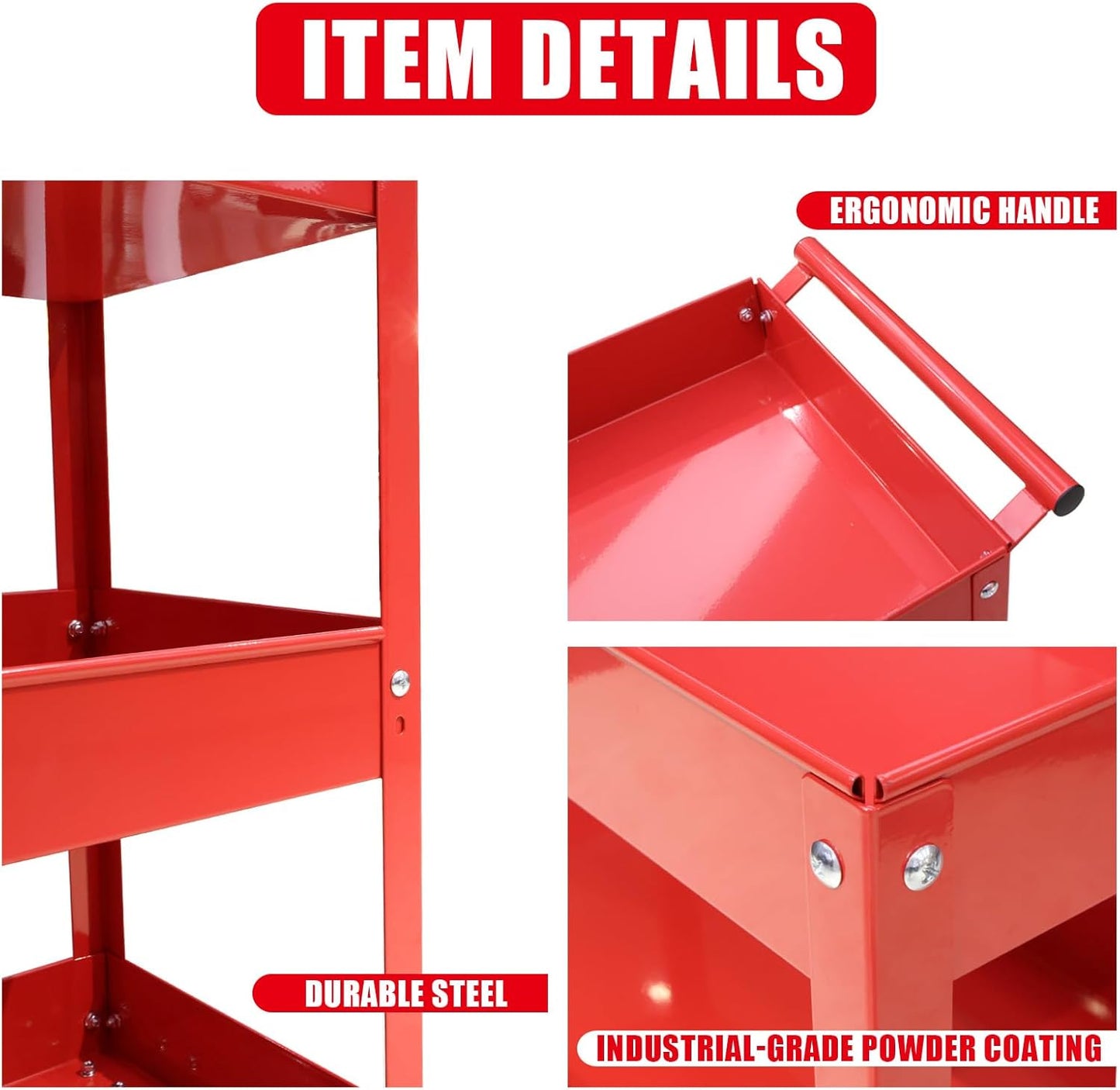 Torin APTC302B Steel Tool Service Push Cart with 3 Shelves and 200 lb Capacity, Red