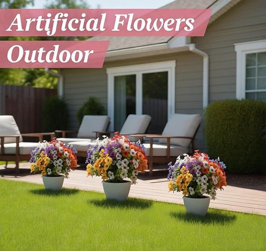 ilauke 9 Bundles Artificial Flowers for Outdoors, Fake Flowers UV Resistant, No Fade Faux Flower Plants 9 Colors with Eucalyptus, Plastic Flower Outside Planter Garden Porch Patio Home Wedding Decor