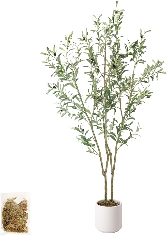 Artificial Fake Olive Tree 5FT Tall 1Pack with White Planter Faux Silk Olive Tree for Home Living Room Office Decor Faux Artificial Plants Indoor with Fruit & Free Moss