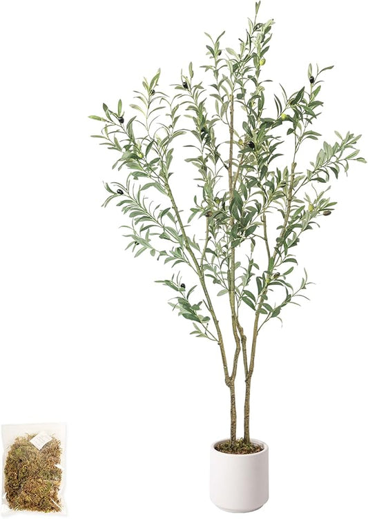 Artificial Fake Olive Tree 5FT Tall 1Pack with White Planter Faux Silk Olive Tree for Home Living Room Office Decor Faux Artificial Plants Indoor with Fruit & Free Moss