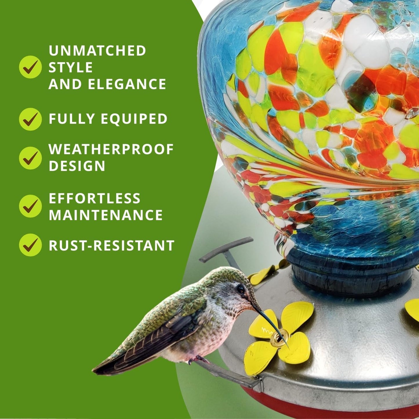 Nature Gear Hummingbird Feeder, Hanging-Mount Glass Hummingbird Feeders for Outdoors, Hand-Blown Glass Feeder with Ant Moat for Garden Hummingbirds, Easy to Clean & Rust Resistant, Blue Burst