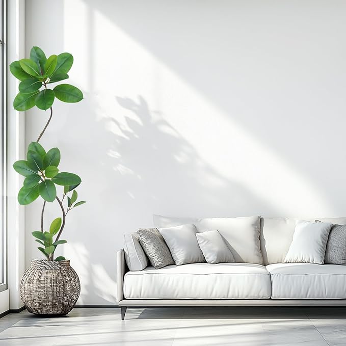 Artificial Rubber Tree Plant, 6ft Tall, Black with Round Planter, All Season Home Decor (Green,6ft)