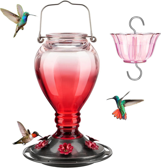 Kingsyard Glass Hummingbird Feeder - 6 Bee Guard Feeding Ports & Ant Moat, 24 oz Leak Proof, Wild Bird Feeder for Outdoors Hanging, Easy to Clean & Refill, Garden Yard Décor, Red & Pink