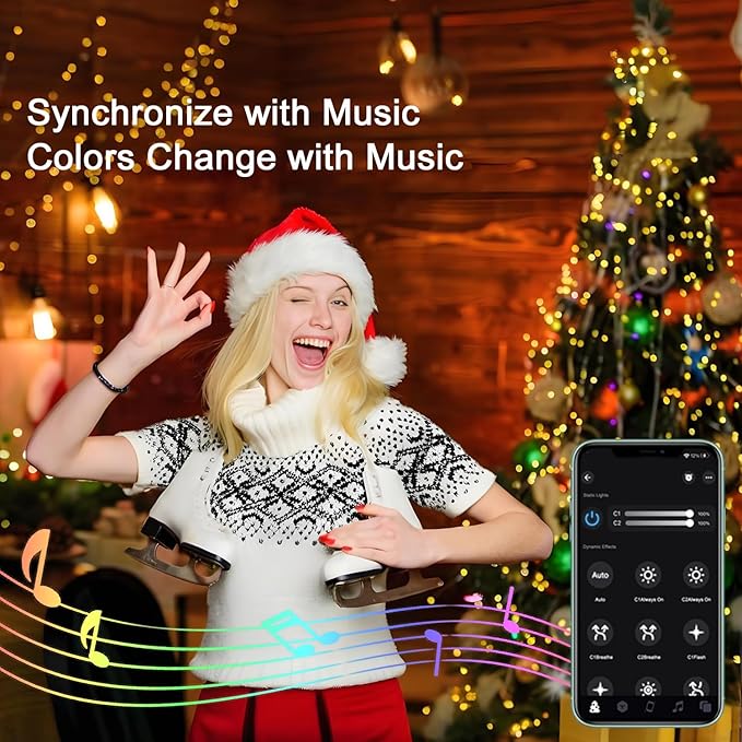 Smart Christmas Tree Lights with Ring,6.6ft 16 Lines String Light,400 LED Fairy Light,APP Control Music Sync LED Lights for 4-10ft Indoor and Outdoor Christmas Tree Decoration(Warm White & Multicolor)