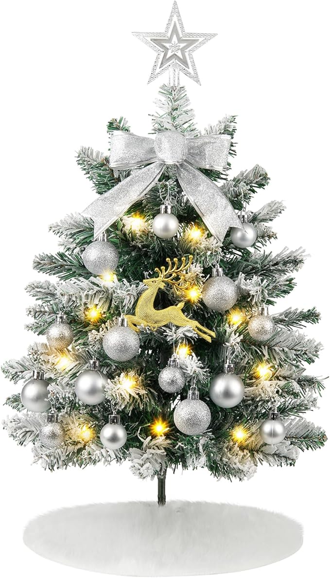N&T NIETING 24 Inch Small Christmas Tree with Lights, Mini Flocked Christmas Tree Set, 2FT Table Top Artificial Christmas Trees with Ornaments, Little Xmas Tree for Holiday DIY Christmas Decoration