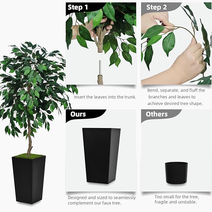 Artificial Ficus Tree 5FT - Faux Indoor Tree with Black Tall Planter - Fake Ficus Floor Plant in Pot - Artificial Silk Tree for Home Office Living Room Decor Indoor