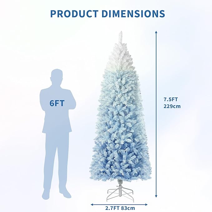GAOMON 7.5Ft Pencil Christmas Tree Artificial Slim Xmas Trees Skinny Christmas Tree Decorations Fake Flockeds, White & Blue Gradient