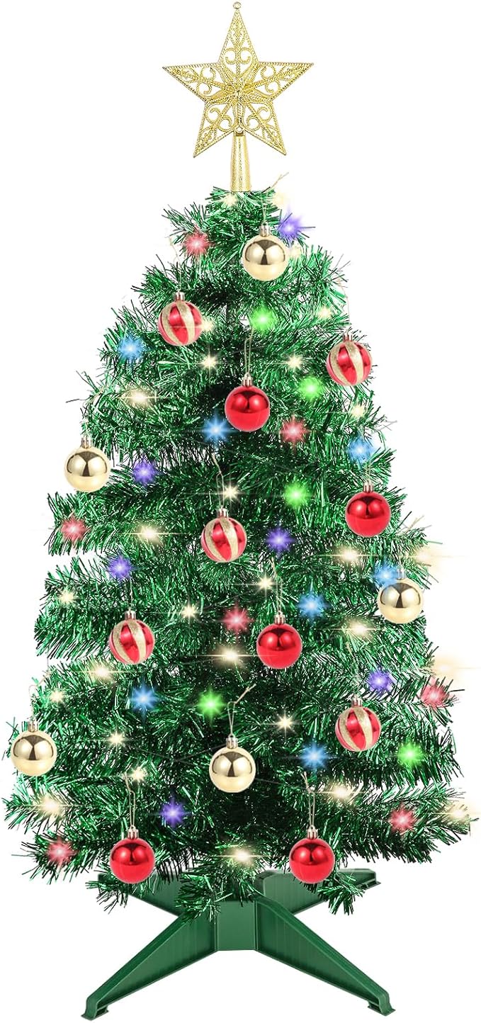 3Ft Christmas Tree with Lights, Table Christmas Tree with 50 LED 12 Modes, 3D Star, 15 Hanging Ball Ornaments, Small Prelit Xmas Tree for Tabletop, Home and Office (Green)