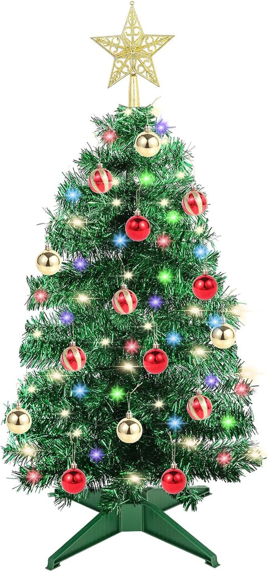3Ft Christmas Tree with Lights, Table Christmas Tree with 50 LED 12 Modes, 3D Star, 15 Hanging Ball Ornaments, Small Prelit Xmas Tree for Tabletop, Home and Office (Green)